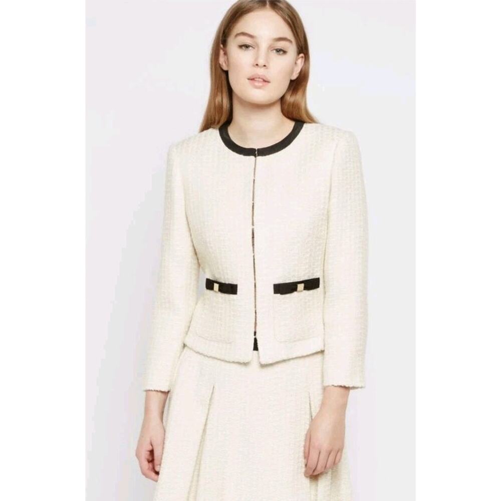 Ted Baker Daara Ivory Black Grosgrain Trim Boucle Jacket Size 2/med Lace Lined